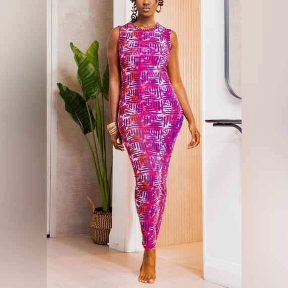 D’IYANU Womens Hadi Maxi Dress African Print Jersey Pink Purple Mesh Nylon Beach - Picture 1 of 13